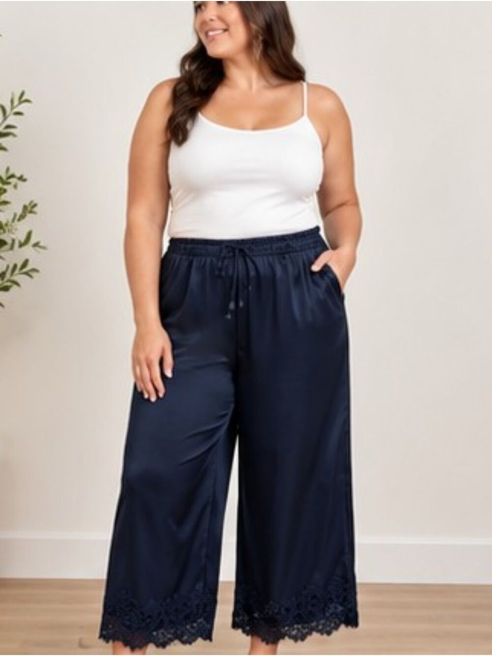 Skies Are Blue Black Satin Wide Leg Lace Hem Pants XL